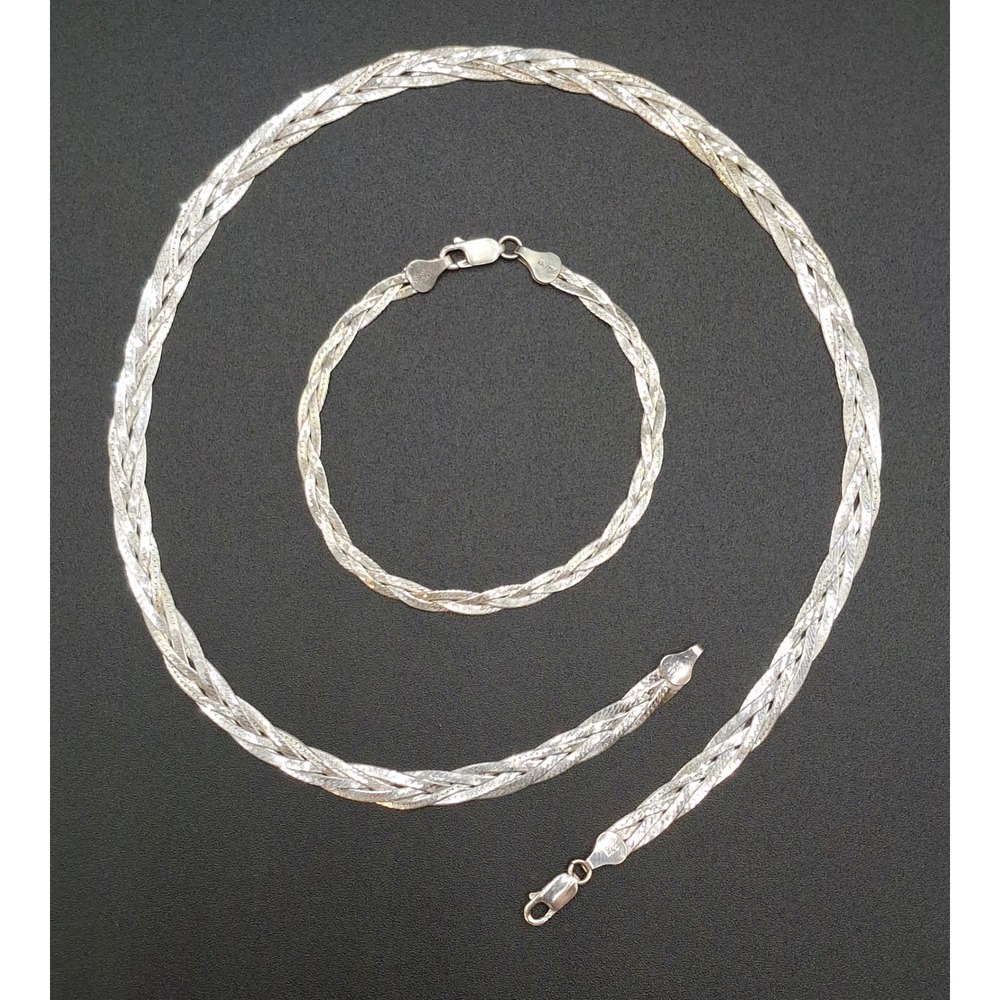 Italy 925 Sterling Silver Braided Necklace & Bracelet Set 20g